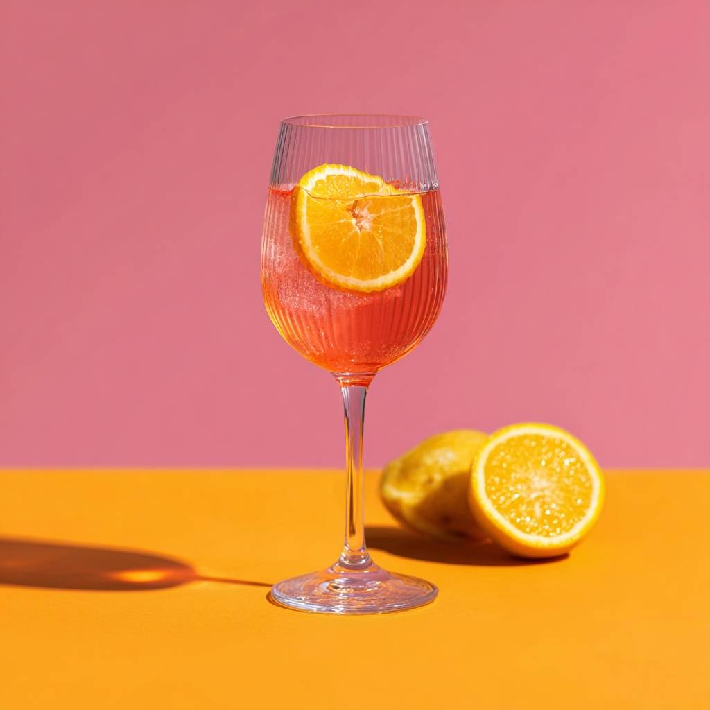 Glas Sarti Spritz mit Orangenscheibe, serviert auf orangefarbenem Untergrund vor rosa Hintergrund, daneben aufgeschnittene Orange