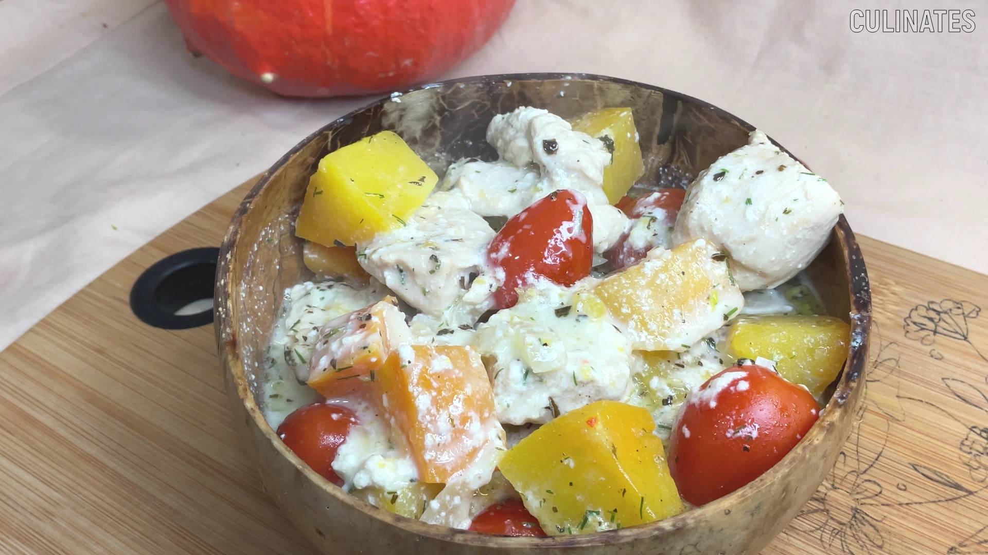 Kürbis Rezept. Cremiges Hähnchen mit Kürbis