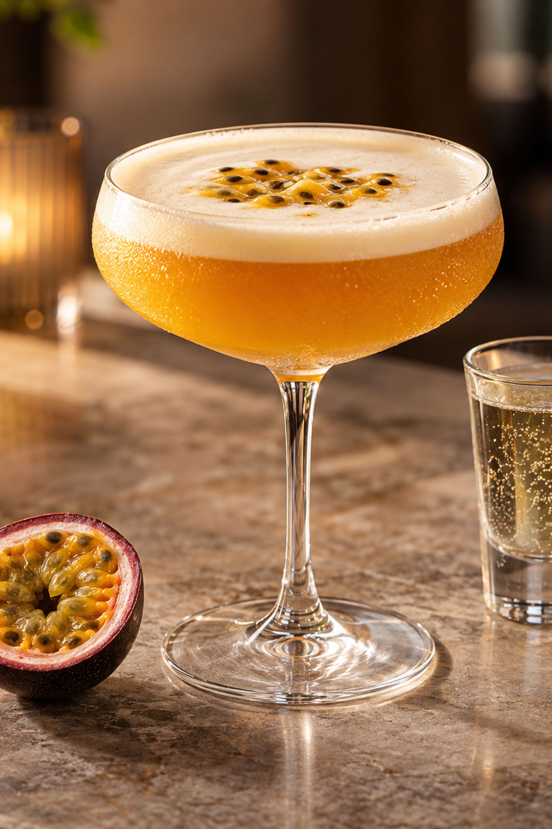 Pornstar Martini im Cocktailglas mit Passionsfrucht und separat serviertem Prosecco